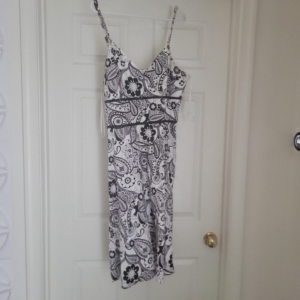 Black & White Paisley Midi Dress with Spaghetti Straps